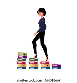 Young pretty businesswoman climbing up career ladder shown as document folder steps, cartoon vector illustration isolated on white background. Folders of documents as corporare career ladder concept