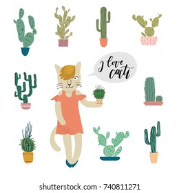 Young pretty cat with cacti. Trendy illustration with lettering.