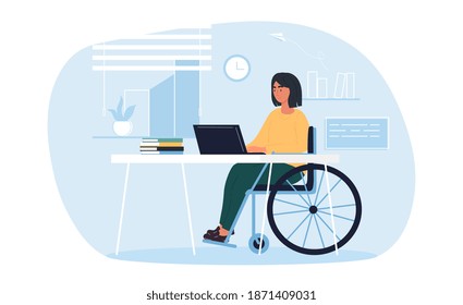 Young Pretty Disabled Woman In Wheelchair Working On Laptop Computer At Home Or Office. Handicapped Businesswoman Character At Workplace. Disability Concept. Flat Cartoon Vector Illustration.