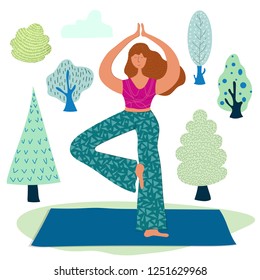 Young pretty european girl makes yoga, sports in the park, outdoors. Healthy lifestyle, bodypositive. Vector illustration for web site, print, poster.