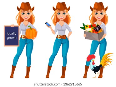 Young pretty farmer woman in cowboy hat. Cheerful gardener woman cartoon character holding pumpkin, holding smartphone and holding vegetables. Vector illustration isolated on white background