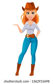 Young pretty farmer woman in cowboy hat. Cheerful gardener woman cartoon character showing something. Vector illustration isolated on white background