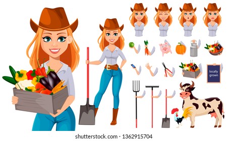 Young pretty farmer woman in cowboy hat. Cheerful gardener woman cartoon character. Pack of body parts, emotions and stuff. Make your own design. Vector illustration