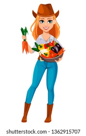 Young pretty farmer woman in cowboy hat. Cheerful gardener woman cartoon character holding fresh vegetables. Vector illustration isolated on white background