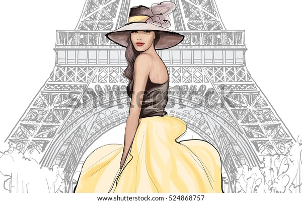 パリの若い綺麗なファッションモデルと帽子 ベクターイラスト のベクター画像素材 ロイヤリティフリー