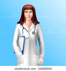 Young pretty female doctor character in uniform with stethoscope vector illustration