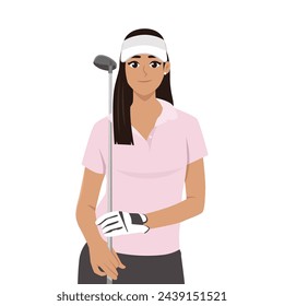 Young pretty female golfer with golf club wearing hat. Flat Vector Illustration Isolated on White Background