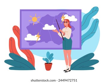 A young pretty female presenter telling a weather forecast standing next to a screen displaying weather signs and symbols.. Flat cartoon vector illustration