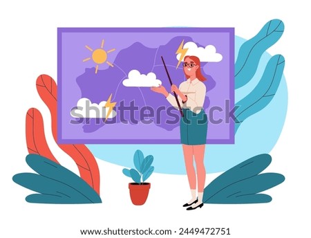 A young pretty female presenter telling a weather forecast standing next to a screen displaying weather signs and symbols.. Flat cartoon vector illustration