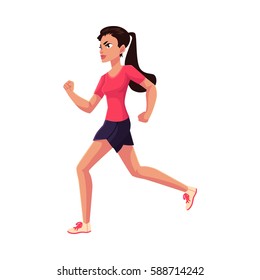 Young and pretty female runner, sprinter, jogger, cartoon vector illustration isolated on white background. Woman, girl running, sprinter, track and field, healthy lifestyle concept