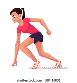 Young and pretty female runner, sprinter, jogger ready to start, cartoon vector illustration isolated on white background. Woman, girl running, sprinter, standing on starting blocks