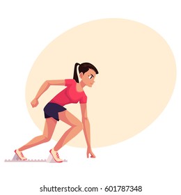 Young and pretty female runner, sprinter, jogger ready to start, cartoon vector illustration with place for text. 