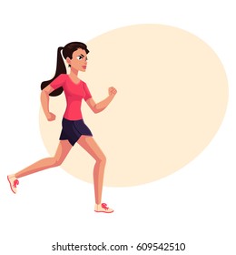 Young and pretty female runner, sprinter, jogger, cartoon vector illustration with place for text. 