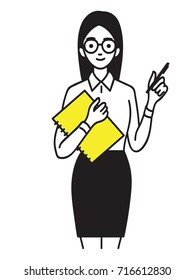 Young pretty female trainee holding notebook with pen, smiling and confident. Business concept in trainee, intern, apprentice. Outline, linear, thin line art, hand draw sketch design, simple style. 