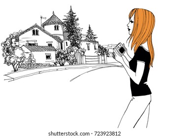 Young pretty ginger girl with a camera on a cityscape background. Hand drawn line sketch. Vector illustration