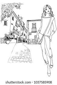 Young pretty girl with a bag on a cityscape background. Old  city street in hand drawn line sketch style. Black and white vector illustration