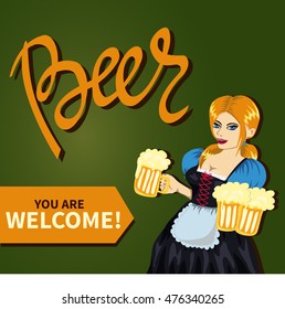Young pretty girl in bavarian costume with mugs of beer. Hand-lettering quote "Beer". Vector art, cartoon style. Octoberfest illustration. Could be used as ads, poster, flyer etc