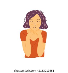 Young pretty girl with a bob haircut smiles sweetly, putting her hands under her chin. Colorful vector isolated illustration hand drawn. Facial expression