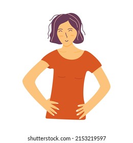 Young pretty girl with a bob haircut smiles sweetly, putting her hands on waist at her sides. Colorful vector isolated illustration hand drawn