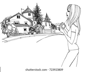 Young pretty girl with a camera on a cityscape background. Hand drawn line sketch. Vector illustration