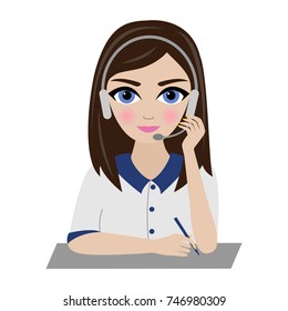 Young pretty girl communicates on headset. Secretary answers the calls, takes orders, advises, establishes connection. Vector illustration