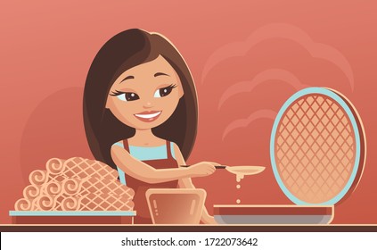 Young pretty girl cooks waffles in the kitchen. Pours the dough into a hot waffle iron. Delicious prepared tubes in a plate. Vector cartoon illustration.