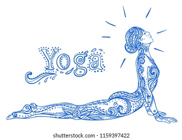Young pretty girl doing yoga. Vintage decorative illustration. Hand drawn background. Mehenidi ornate decorative style. Yoga studio concept, Indian, Hindu motifs.