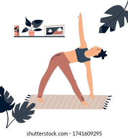 Young pretty girl doing yoga at home. Vector illustration in a flat style
