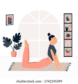 Young pretty girl doing yoga at home. Vector illustration in a flat style
