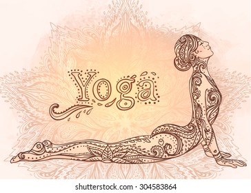 Young pretty girl doing yoga. Vintage decorative vector illustration. Hand drawn background. Mehenidi ornate decorative style. Yoga studio  concept, Indian, Hindu motifs.