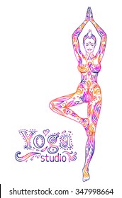 Young pretty girl doing yoga. Vrikshasana: tree posture, Hand drawn decorative vintage vector illustration isolated on white. Mehenidi ornate decorative style. Yoga studio concept. Hindu motifs