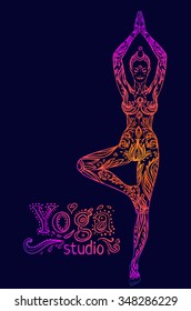 Young pretty girl doing yoga. Vrikshasana: tree posture, Hand drawn decorative vintage vector illustration isolated on black. Mehenidi ornate decorative style. Yoga studio concept. Hindu motifs
