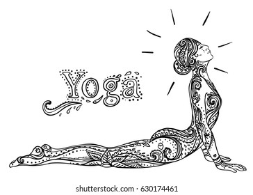 Young pretty girl doing yoga. Vintage decorative vector illustration. Hand drawn background. Mehenidi ornate decorative style. Yoga studio  concept, Indian, Hindu motifs. Coloring book for adults.