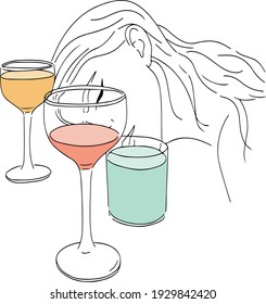 Young pretty girl. Drunk long hair woman sleeping in bar. Set of 3 cocktails different colors. Cocktail with cherry