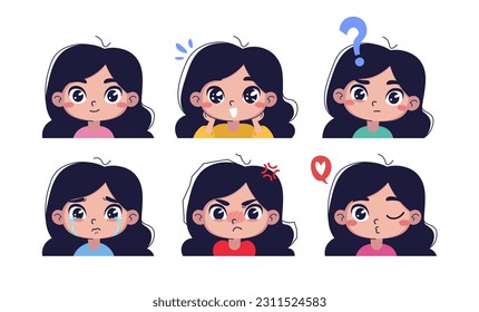 Una joven linda chica expresa emociones de alegría, tristeza, rabia, desconcierto, coqueteo. Un estado de ánimo humano diverso. Conjunto de emoticonos, expresiones faciales. Ilustración vectorial plana aislada en fondo blanco.