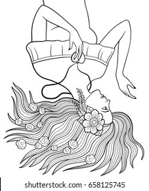 Young pretty girl with flower in her hair and heart-shaped pendant lying down on the ground with long hair spreading out. Antistress coloring page for adults