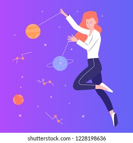 Young pretty girl flying in space. Juggles with planets. The study of astronomy, science circle, student quiz. Vector illustration on a bright gradient background.