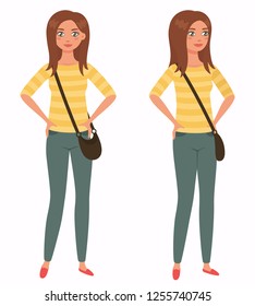 Young pretty girl. Front, 3/4 view. Cartoon style flat vector illustration