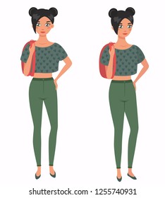 Young pretty girl. Front, 3/4 view. Cartoon style flat vector illustration