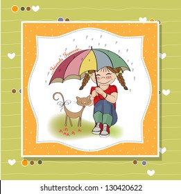 young pretty girl and her cat, friendship card in vector format