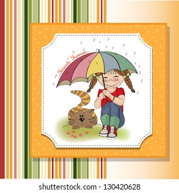 young pretty girl and her cat, friendship card in vector format