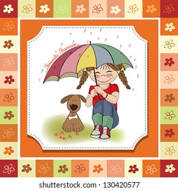 young pretty girl and her dog, friendship card in vector format