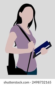 Young pretty girl holding books. Going to college. University. Attractive female student character in casual outfit. Flat vector illustration. 