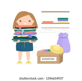 Young and pretty girl is holding her clothing to make donations. Box full of clothes. Mindful living, minimalism and charity vector concept. 