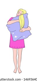 Young pretty girl hugs pillow and smile. Hand drawn sleep concept vector illustration.