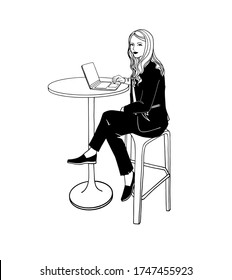 Young pretty girl with a laptop. Ink line sketch. Work in office. Hand drawn image. Black and white vector illustration on white background.