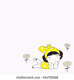 Young Pretty Girl Laying On The Daisy Flowers Field Character Paper Note illustration
