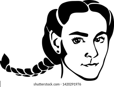 Young pretty girl with pigtail on the white background. Beautiful female face. Head of woman.