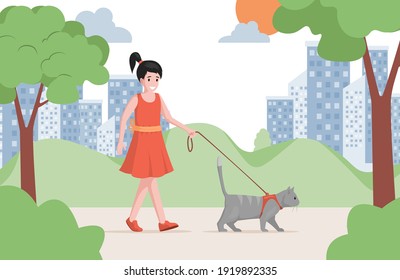 Young pretty girl in red dress walking in city park with cat vector flat illustration. Girl taking pet on leash. Female owner with domestic animal. Pet care, outdoor activity, pet sitter.