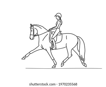 Young pretty girl riding a horse, line vector illustration